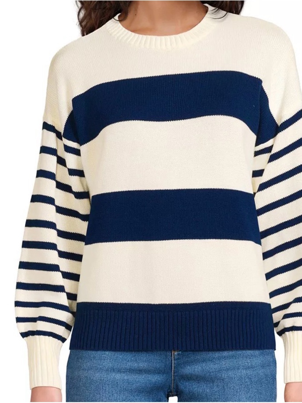 Lands' End Navy and Cream Striped Crewneck Sweater - Picture 3 of 5